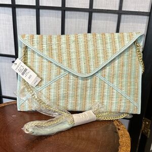 Talbots NEW Woven Envelope Clutch in Tan and Light Blue with GoldChain